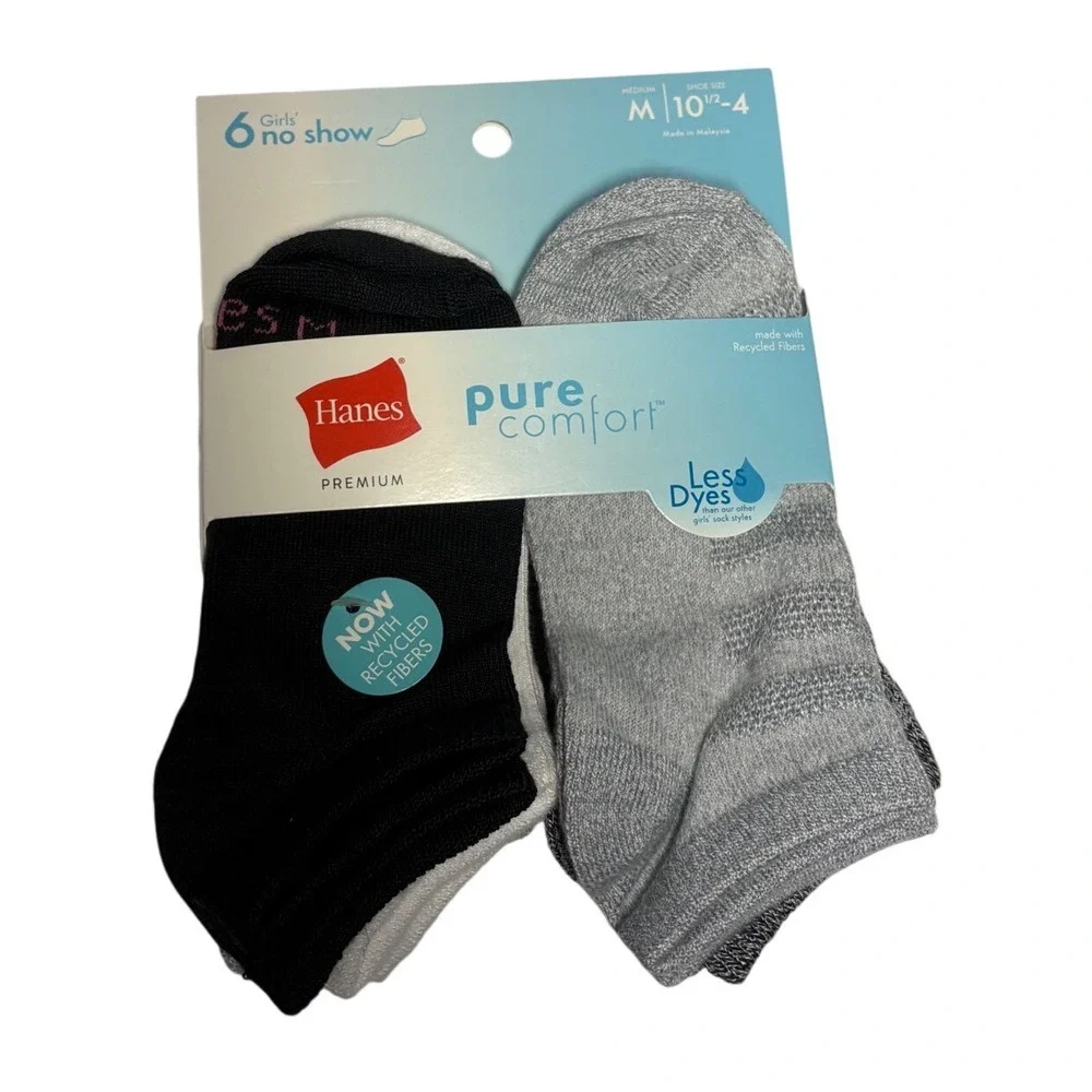 Hanes Premium Pure Comfort Girls No Show Socks 6 Pair Black Grey White M 10.5-4